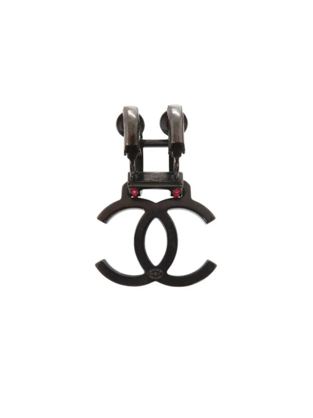Chanel CC Logo Hoop Earrings Rhinestone Metal Red Black Stamp